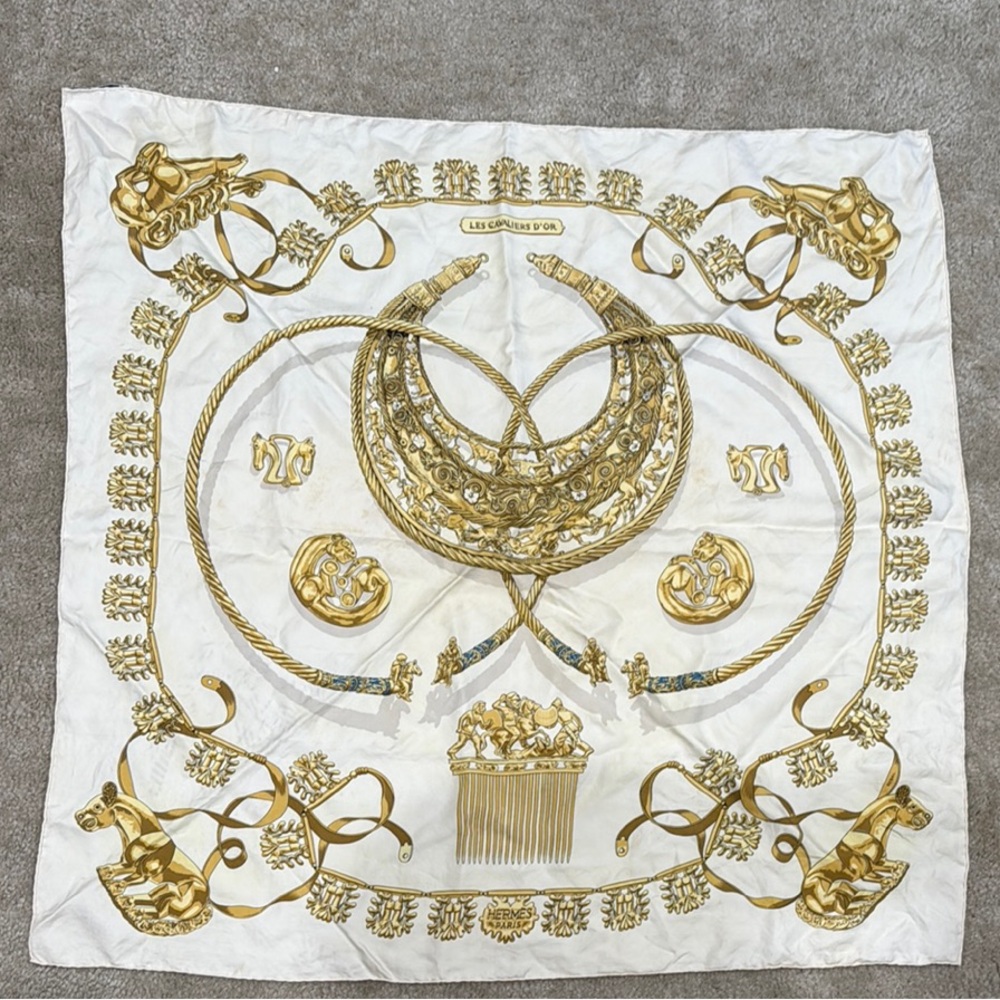 Hermes Gold and White Scarf with Ornate Patterns